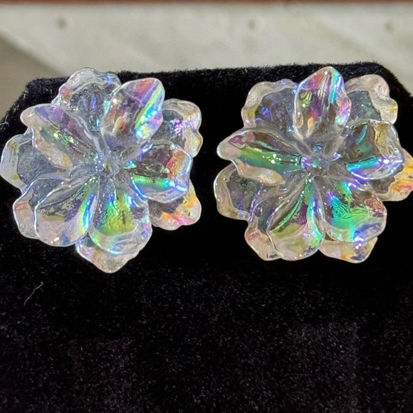 Camellia Iridescent Flower Resin Stud Boho, Holiday Crystal Luxury Earrings - Picture 7 of 10